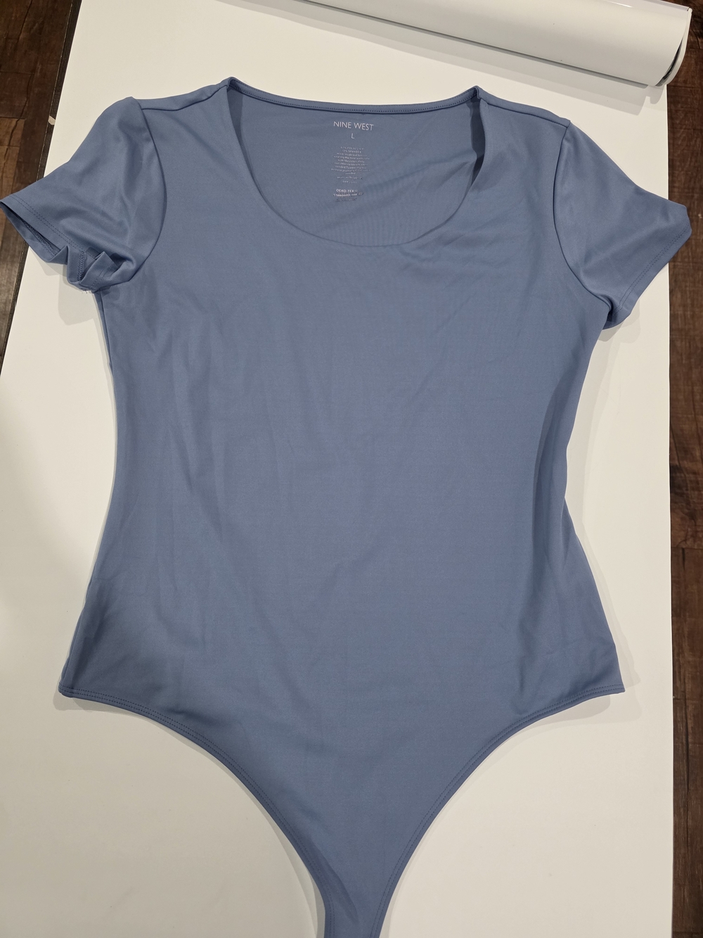 Nine West Dusty Blue Scoop Neck Short Sleeve Bodysuit